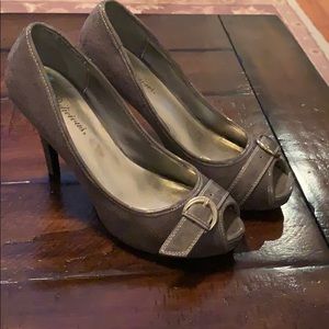 Grey suede peep toe platform heels with buckle